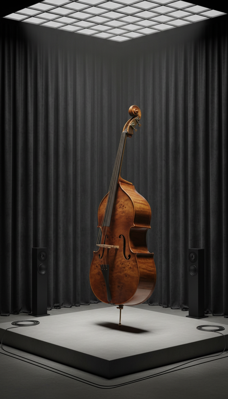 A meticulously crafted contrabass with rich, warm wood grain and matte brass fittings resting on a minimalist concrete stage. The stage is surrounded by sound-damping dark velvet panels and sleek, modern audio equipment—subtle wires and elegant black speakers. There is a gentle, diffused light coming from above, softly illuminating the instrument and casting faint, elongated shadows. The scene feels contemplative and sophisticated, emphasizing stillness. Captured from an eye-level, slightly off-center perspective, the contrabass stands as the unmistakable focal point. The overall style is photographic realism with a muted color palette and refined, minimalist aesthetic, perfectly suited to a sophisticated sound art project.