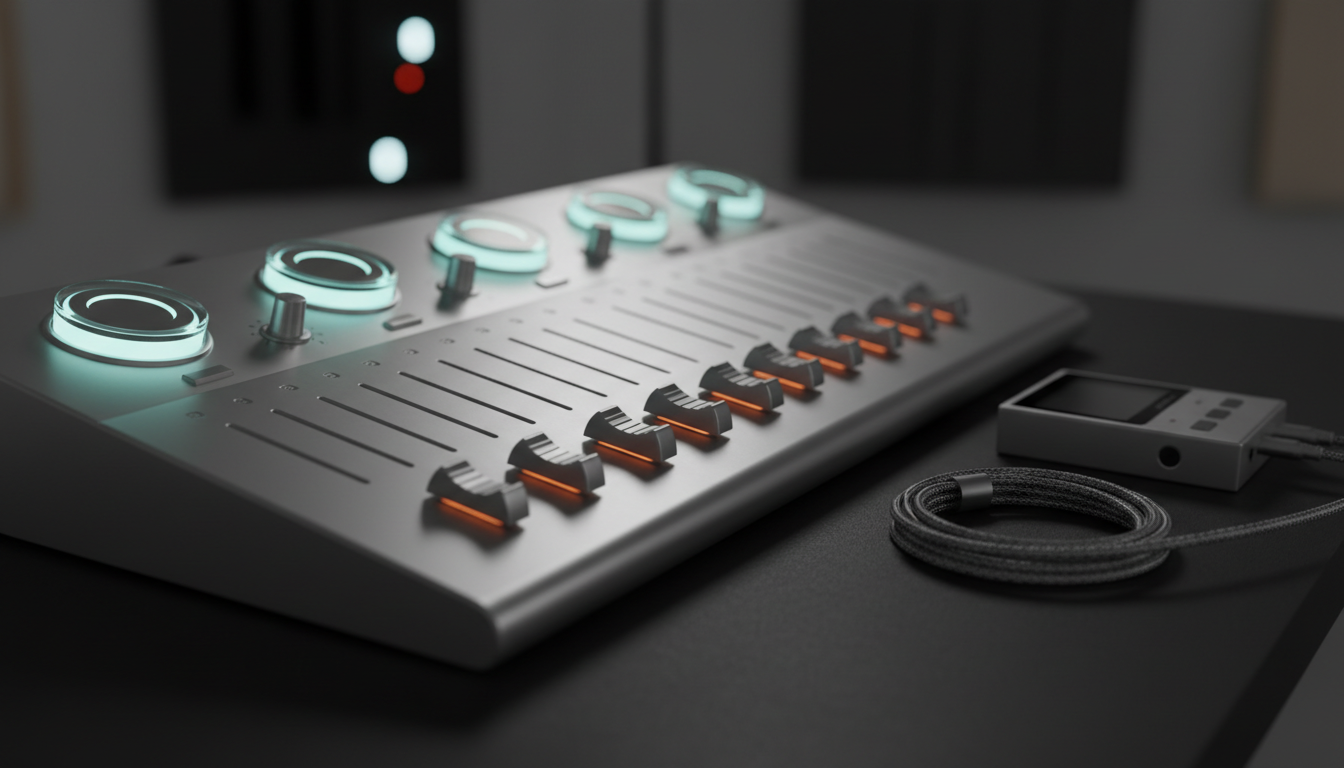 A close-up of a minimalist soundboard interface featuring smooth, brushed aluminum surface with illuminated knobs and slim faders. The soundboard sits on a matte-black desk next to a small digital audio recorder and a delicate coil of braided audio cable. Dim, diffuse ambient studio lighting creates soft highlights on the metal and subtle gradients on the background, evoking a calm, creative workspace. The shallow depth of field brings the tactile surfaces of the board into sharp focus, with the softly blurred periphery reinforcing the intimate, thoughtful mood. This image captures the elegance of modern audio technology, aligning with a refined and sophisticated sound art environment.