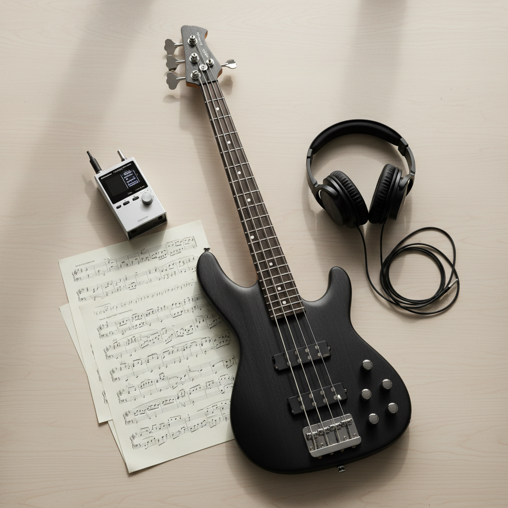 An exquisitely detailed electric bass guitar in brushed obsidian black and smooth chrome hardware, lying atop crisp, thick sheet music on an uncluttered wooden table. Surrounding the instrument, a compact field recorder and a pair of high-end closed headphones evoke the creative process. Soft overcast window light spills gently across the scene, making the textures of wood, paper, and metal subtly stand out, while deep, elegant shadows provide depth. The atmosphere is focused and quietly inspired. Framed from above in a bird’s eye view, this photographic image features minimalist composition, precise focus, and a harmonious, understated color scheme, reflecting the sophistication of contemporary sound art research.