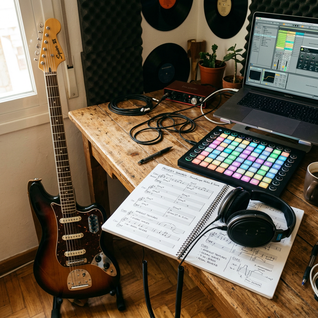 Electric guitar, laptop with music software, MIDI controller, headphones, and sheet music on wooden desk